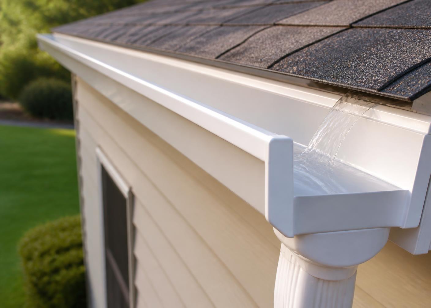 Clean white residential gutter and downspout carrying water away from the roof
